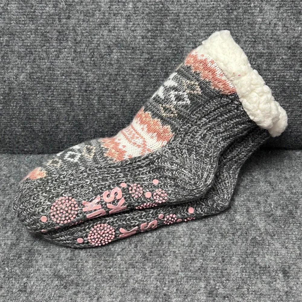 Muk Luks Womens Cabin Socks Grey Peach Fair Isle Knit Slipper Socks S/M 5-7 NEW